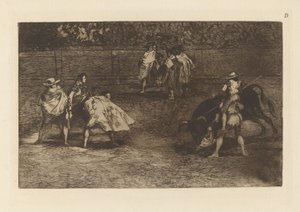 Een torero op de schouders van een chulo door Francisco de Goya