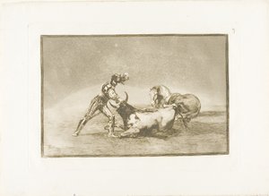 Een Spaanse ridder doodt de stier nadat hij zijn paard heeft verloren, plaat negen uit De kunst van het stierenvechten door Francisco Jose de Goya y Lucientes