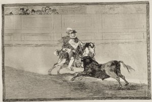 Een Spaanse ridder te paard in de ring die korte speren breekt zonder hulp van assistenten. 1816. Ets. Spanje. Madrid. Nationale Bibliotheek door Francisco Jose de Goya y Lucientes
