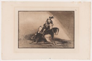 Plaat 10 uit La Tauromaquia: Karel V steekt een stier in de ring in Valladolid, 1816, gedrukt 1876 (ets en aquatint op vergé papier) door Francisco Jose de Goya y Lucientes