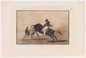 Plaat 24 uit La Tauromaquia: Dezelfde Ceballos op een andere stier breekt korte speren in de ring in Madrid door Francisco Jose de Goya y Lucientes