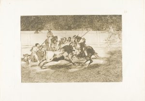 De krachtige Rendón steekt een stier met de piek, waarvan hij stierf in de ring in Madrid, plaat 28 uit De kunst van het stierenvechten door Francisco Jose de Goya y Lucientes