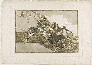 De manier waarop de oude Spanjaarden stieren te paard in het open veld jaagden, plaat één uit De kunst van het stierenvechten door Francisco Jose de Goya y Lucientes