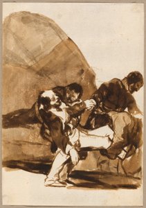Drie mannen dragen een gewonde soldaat, uit de Afbeeldingen van Spanje, Album F door Francisco Jose de Goya y Lucientes