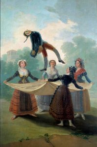 Jonge vrouwen gooien een lappenpop in de lucht met een doek door Francisco de Goya