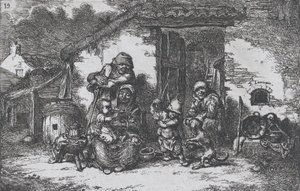 Plaat 19: een familie en een jongen die met een hond speelt buiten een huis, uit de serie van gewoonten..., 1850 door Francisco Lameyer Berenguer