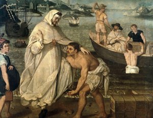 Sint Petrus Nolasque (1189-1256) gaat aan boord om christelijke gijzelaars te bevrijden die door Moorse piraten als slaven naar Afrika worden verkocht (schilderij) door Francisco Pacheco