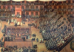 Auto de Fe op de Plaza Mayor, Madrid, 30 juni 1680 (detail) door Francisco Rizi
