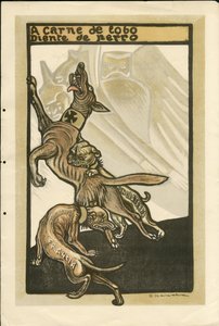 Illustratie van Francisco Sancha Lengo (1874-1936) - Vliegend blad, circa 1915 - A carne de lobo diente de perro - Oorlog van 14 -18, Duitsland Pruisen, Engeland Groot-Brittannië, Belligeranten en symbolen, Frankrijk, Spaanse taal, Buitenlandse pers - Wilh door Francisco Sancha y Lengo
