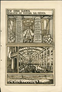 Illustratie van Francisco Sancha Lengo - Vliegend blad, circa 1915 - En casa llena presto se guisa la cena - Oorlog van 14-18, Kanonnen, granaten, Industriële fabrieken, Spaanse taal, Mobilisatie, Buitenlandse pers
