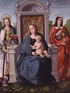 Madonna en kind met St. Catherine en St. Johannes de Evangelist, ca. 1530-40 door Francisco de (attr. to) Comontes