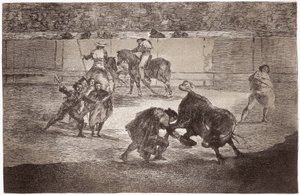 Stierenvechten: een stierenvechter betreedt de arena om de stier te doden met een hoed in plaats van de muleta door Francisco de Goya