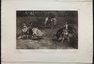 Stierengevechten: Een stierenvechter op de schouders van een assistent, die een stier spiest, 1876 door Francisco de Goya