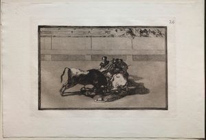 Stierengevechten: Een Picador wordt van zijn paard geworpen en valt onder de stier, 1876 door Francisco de Goya