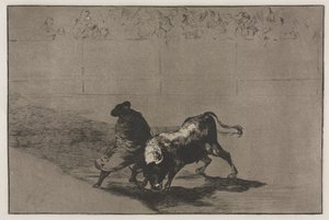 Stierengevechten: De zeer bekwame student van Falces, gewikkeld in zijn cape, bedriegt de stier..., 1876
