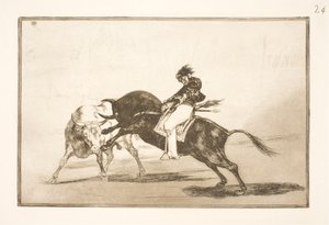 Dezelfde Ceballos, zittend op de rug van een andere stier, breekt korte speren in de arena van Madrid door Francisco de Goya
