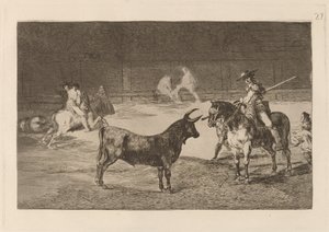 El celebre Fernando del Toro, barilarguero, obligando a la fiera con su garrocha door Francisco de Goya