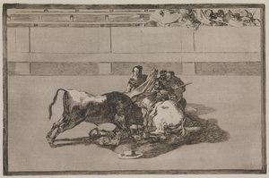 Een picador wordt van het paard geworpen en valt onder de stier door Francisco de Goya