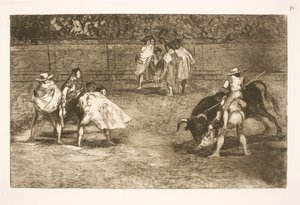 Een stierenvechter, zittend op de schouders van een helper, steekt een stier door Francisco de Goya