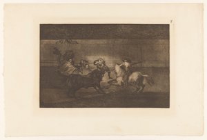 Man gespiest aan de hoorn van een stier door Francisco de Goya