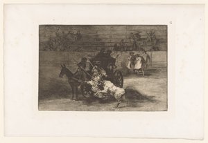 Mannen vallen een stier aan vanaf een rijtuig door Francisco de Goya
