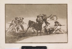 De Moren gebruiken ezels als barrière om zich te verdedigen tegen de stier, wiens hoorns zijn voorzien van ballen door Francisco de Goya