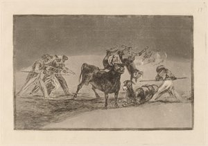 De Moren Gebruiken Ezel als Barrière om Zich te Verdedigen tegen de Stier met Gebolde Hoorns door Francisco de Goya