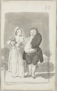 Prostituee die een Dikke, Lelijke Man Verleidt (recto) door Francisco de Goya