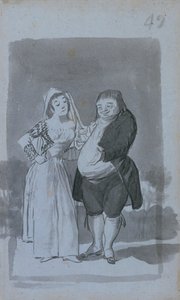 Prostituee die een dikke, lelijke man verleidt, recto, 1796-97 door Francisco de Goya