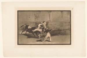 Stier wordt gegrepen door stierenvechters door Francisco de Goya