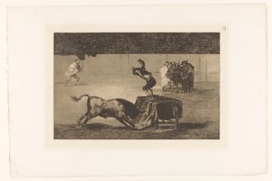Stierenvechter staand op een tafel in de arena door Francisco de Goya