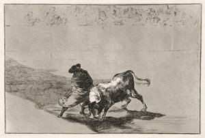 De slimme student van Falces maakt de stier boos door rond te bewegen gewikkeld in zijn mantel, 1814-16 door Francisco de Goya