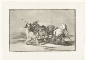 Vier mannen jagen op een stier door Francisco de Goya