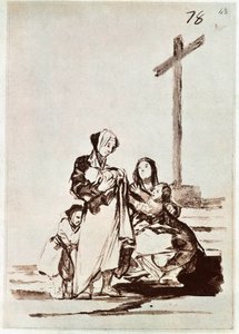Vrouwen en kinderen bij een kruis (gravure) door Francisco de Goya