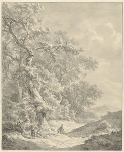 Landschap met wandelaars op pad langs bos door Franciscus Andreas Milatz