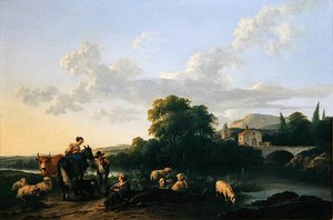 Boeren en vee in een Italiaanse landschap door Franciscus Xaverius Xaverij