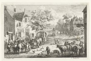 Dorpsgezicht met reizigers en veehandelaren bij herberg door Franciscus de Bargas