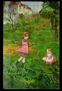 Tegels versierd met spelende kinderen in een tuin door Francisque Poulbot