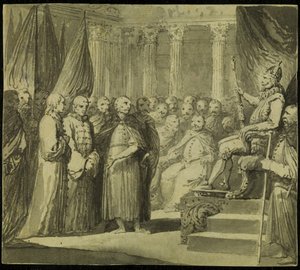 Tsaar Vasili IV Ivanovich Shuisky voor koning Sigismund III Vasa door Franciszek Smuglewicz