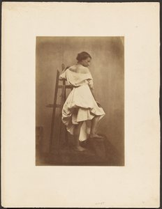 Model in witte jurk met schildersezel door Franck Chavassaigne