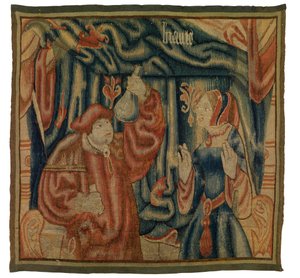 Tapijtfragment met interieur met arts en vrouw, Beaute, Frans of Vlaams, gemaakt in begin 16e eeuw