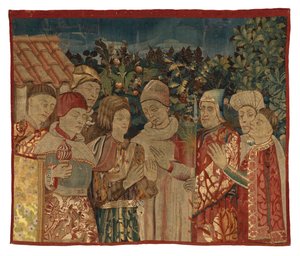 Ongeïdentificeerd tapijtfragment met acht figuren, mogelijk een Dispuut, 2e helft van de 15e eeuw (wol)
