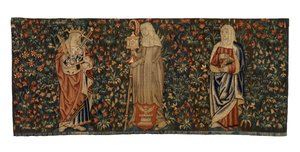Mille fleurs wandtapijt, altaarfront, met drie heiligen, St. Anna, St. Clara en St. Euphemia, gemaakt ca. 1500, Frans of Vlaams
