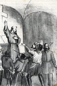 Vierde Venetiaans-Ottomaanse Oorlog: de kerk roept op om moslims te verslaan aan de vooravond van de Slag bij Lepanto, zeeslag op 7 oktober 1571 in de Golf van Patras, Griekenland