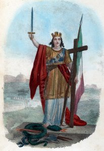 Risorgimento: Allegorische voorstelling van het triomferende Italië dat op de slang van de corrupte kerk staat en een zwaard met een kruis en een vlag heft, symbolen van het politieke, religieuze en burgerlijke risorgimento) Frontispice uit 
