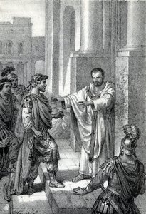 De aartsbisschop Sint Ambrosius van Milaan (Aurelius Ambrosius, Ambrogio di Milano (340-397) verbood de toegang tot de kerk aan de Romeinse keizer Theodosius I (Flavius Theodosius) (347-395) om hem te straffen voor het bloedbad van Thessalonica in 390 - Ex door Franco Mistrali
