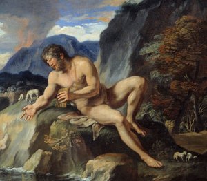 Polyphemus de cycloop met een Panfluit, detail van “Acis en Galatea” De nimf Galatea en Acis worden geobserveerd door de cycloop Polyphemus, jaloers op hun idyllische liefde. Volgens Ovidius