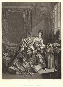 De modehandelaar (gravure) door Francois (after) Boucher