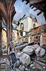 Slag om Verdun: Franse soldaat eet zijn rantsoen in een verwoest klooster van de kathedraal