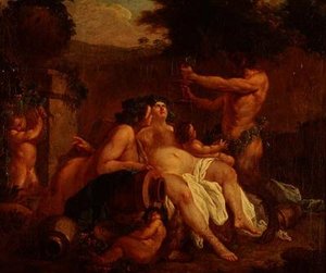 Bacchus feestvierend bij een stenen urn in een dal